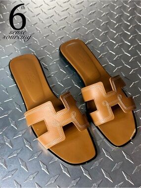 Hermes Natural Veau Brode Oran Sandals in Gold Brown 40